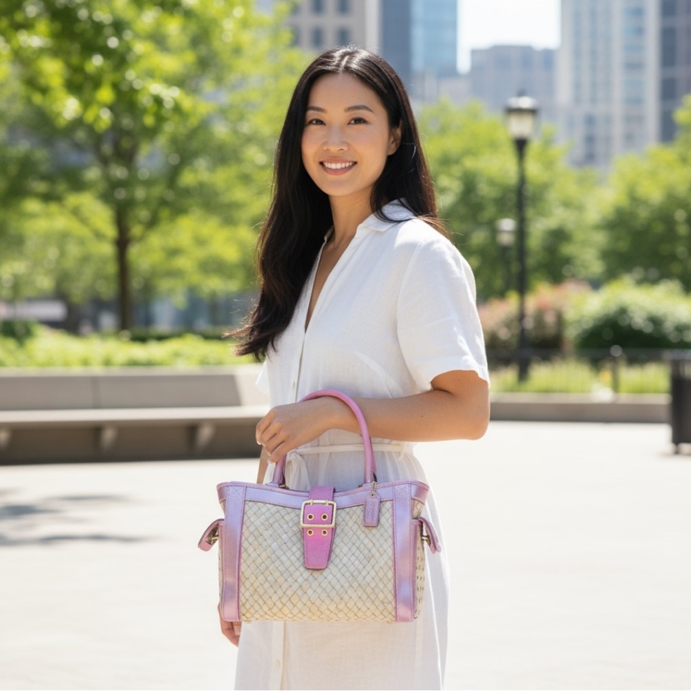 COACH - Pink and Cream Woven Satchel - Picture 12 of 13